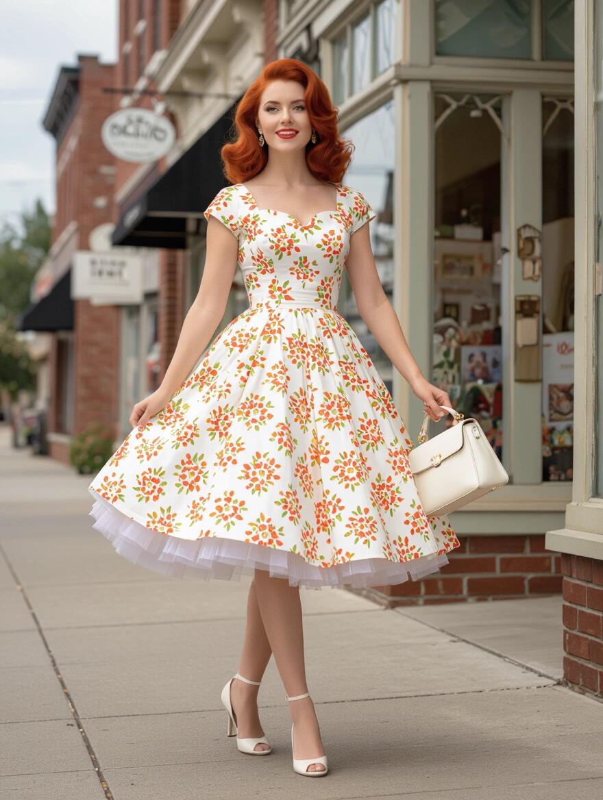 1960s beautiful woman with red volumous hair. Wearing a sun dress with petticoat. Long legs and high heels. Holding a white purse. Walking on a small town sidewalk.