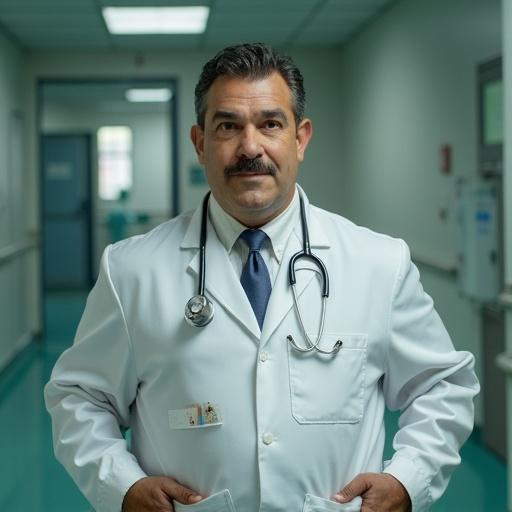 Male doctor resembling Oliver Hardy wearing a white coat with 'URG' in top pocket. Hospital emergency room background. Displaying caring expression.