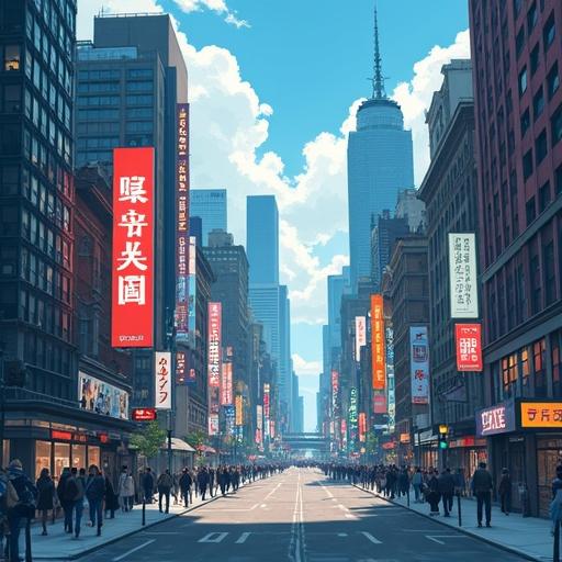 City depicted in anime style showing a broad street with few people