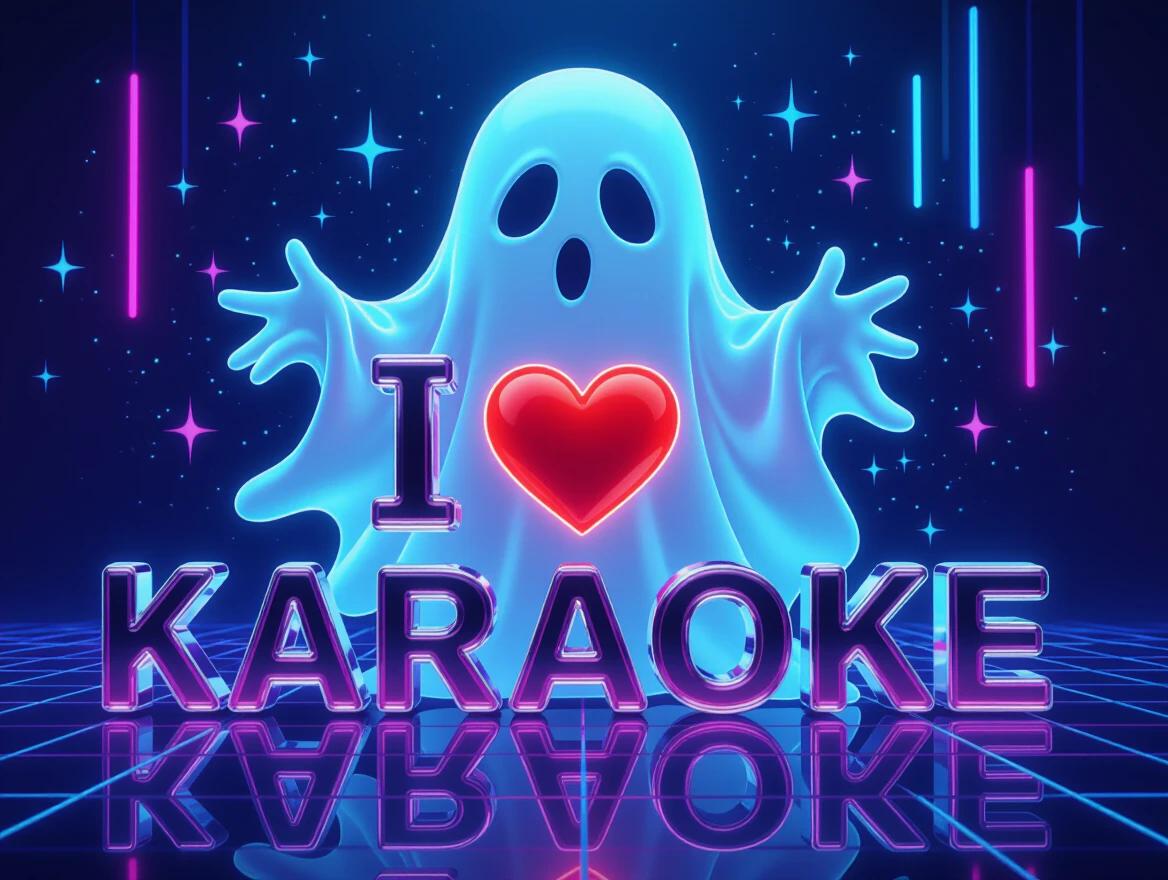 Digital artwork of a ghost with ethereal appearance. Neon aesthetic dominates the design. Text reads I love Karaoke in shiny metallic letters.