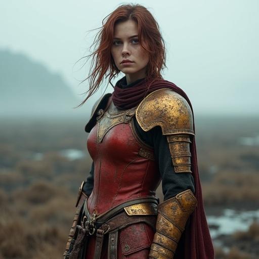 Full body shot of a female warrior standing in a post-apocalyptic landscape wearing damaged red-painted armor with golden details. Flowing dirty chestnut red brown hair with a slightly muddy face. No weapon or sword visible. Dramatic overcast lighting enhances the scene. Lens creates a cinematic depth of field effect with foggy background.