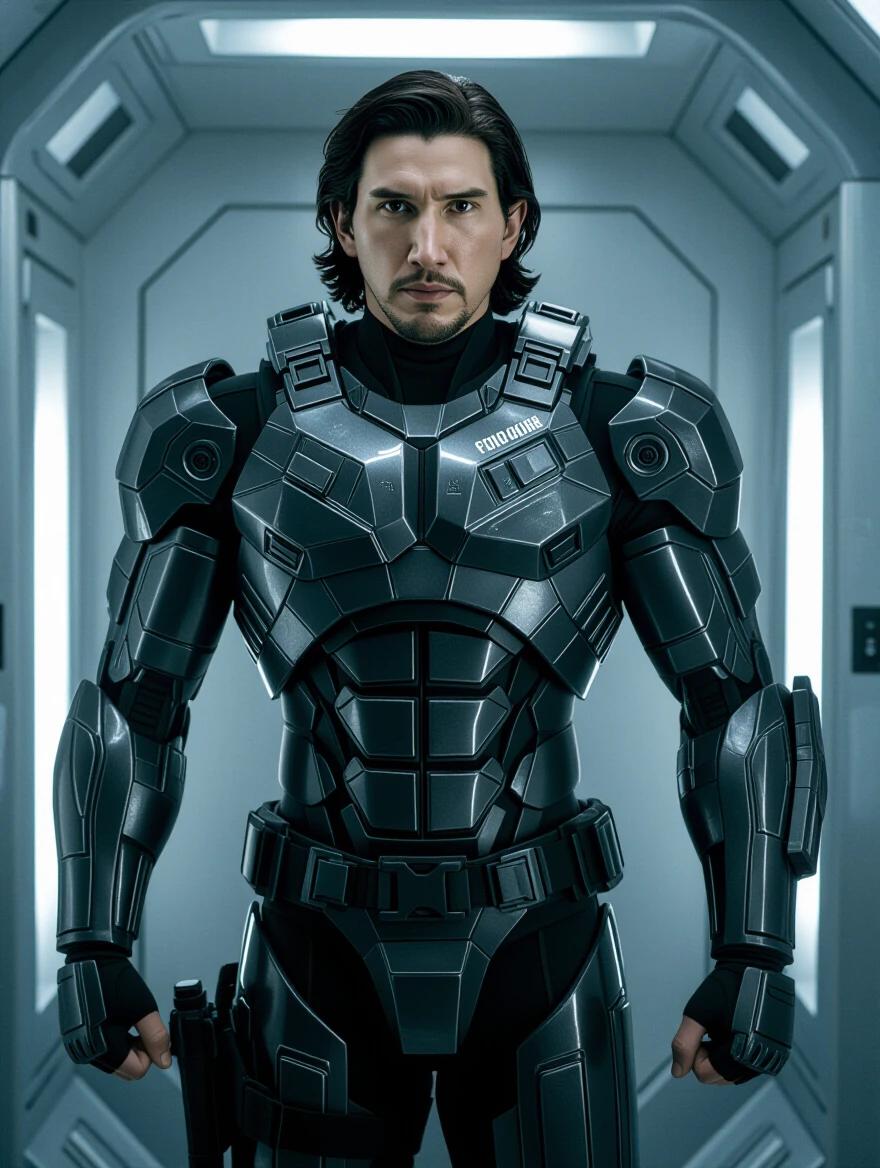 Image shows a muscular soldier in futuristic armor. Image showcases a transformation in a conversion chamber. The character features advanced armor technology. Live action photography style used for realism.