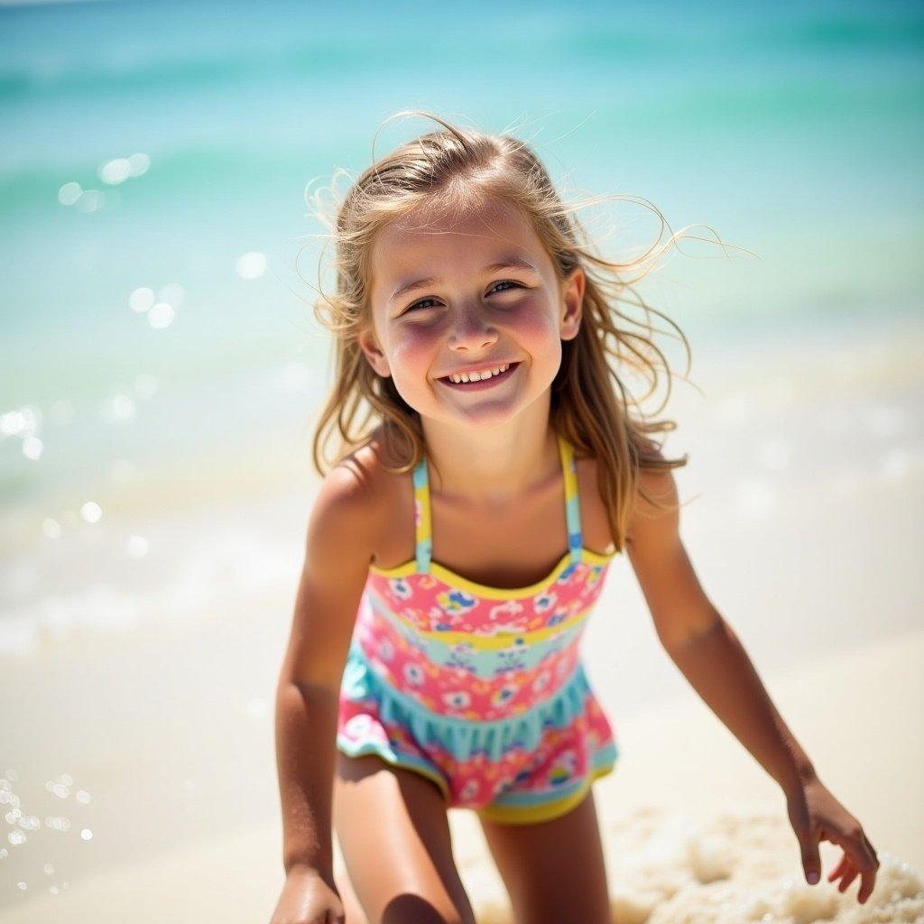 A young girl enjoying a sunny day at the beach wearing a colorful bikini. She plays by the shore with her arms raised and a joyful expression. The ocean waves crash gently in the background on a bright summer day.