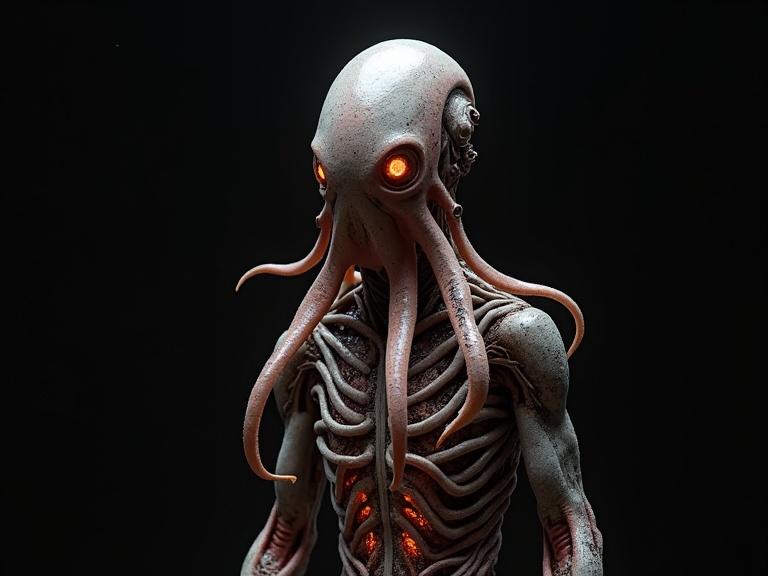 A small organic creature with subsurface scattering and transparency. It has six veiny tentacles and glowing eyes. The creature is inside a sleek bio-organic metallic exo suit with reddish-orange LEDs. The background is dark, emphasizing shadows and details.