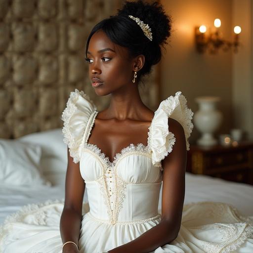 Breathtaking Afro goddess inspired by Yoruba mythology. She has deep brown skin and golden eyes. Wearing a detailed white maid uniform with lace and frills. Her hairstyle includes Japanese elements like a bun and hair ornaments. Set in a luxurious bedroom making the bed. Expression is calm and majestic. Background has soft light and magical particles.