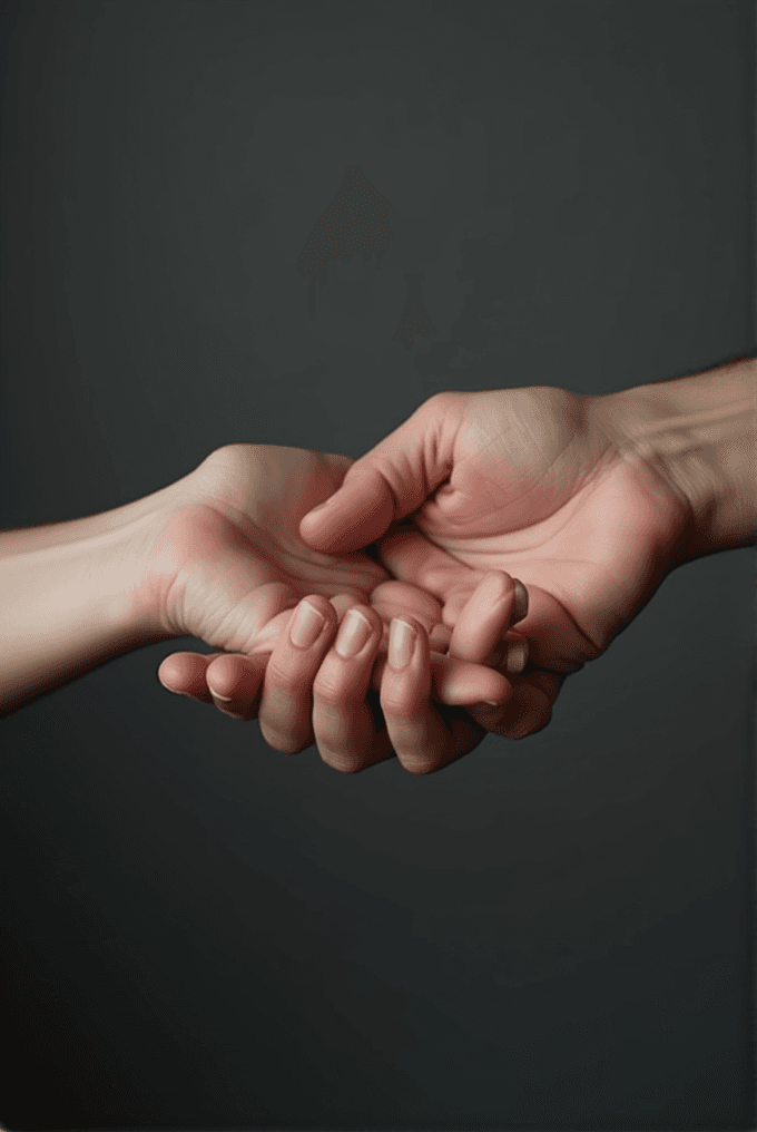 Two hands gently holding each other against a gray background, symbolizing support or care.