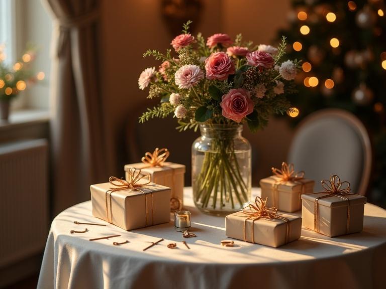 Elegant table setup with a vase of fresh flowers and gift boxes. Warm, calming atmosphere suitable for Christmas celebrations. Focus on gifts, flowers, and decorations.