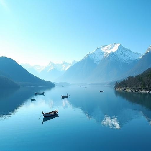 A lake under a clear blue sky with small boats. Snow-capped mountains in the distance reflected on the water. The scene is serene and peaceful with bright sunlight.