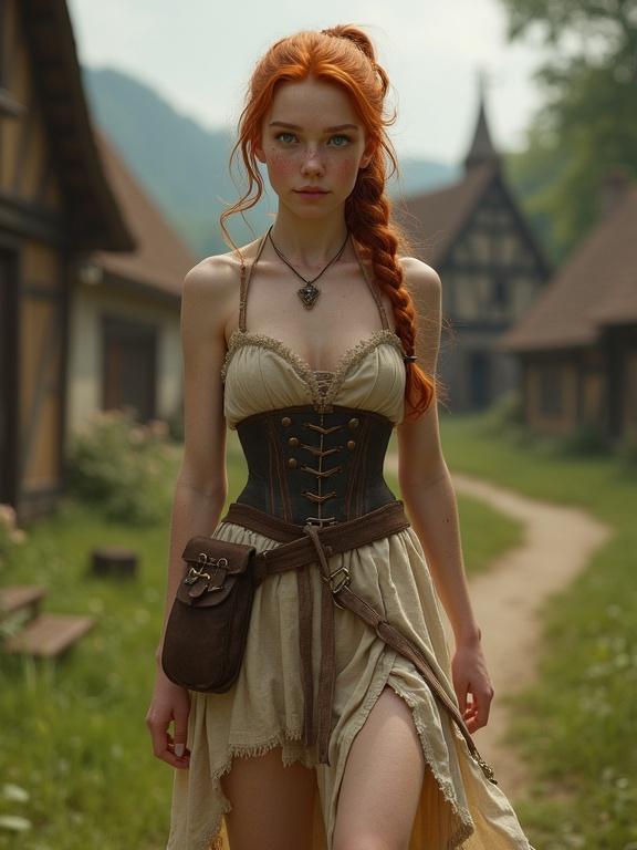 Photorealistic image of a pretty teenage girl walking through a medieval village. She has auburn hair in a long ponytail. Pale skin with freckles and green eyes. She wears a sleeveless corset dress with a split skirt. A wrapped cloth pouch on her waist. The village features medieval architecture.