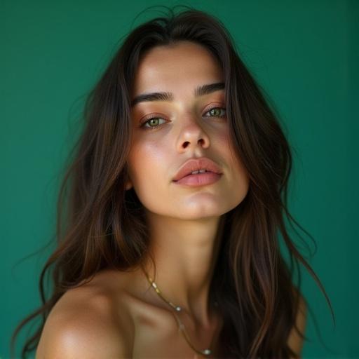 High resolution image focusing on a serene and contemplative female model with closed eyes. Predominantly cool color palette with pale aquamarine background. Model's medium brown hair and natural light beige skin tone. Soft shadows in medium aquamarine and turquoise, creating gentle contrast. Composition centered on model's face with visible neck and collarbone. Minimalist atmosphere with subtle graphic floral elements.