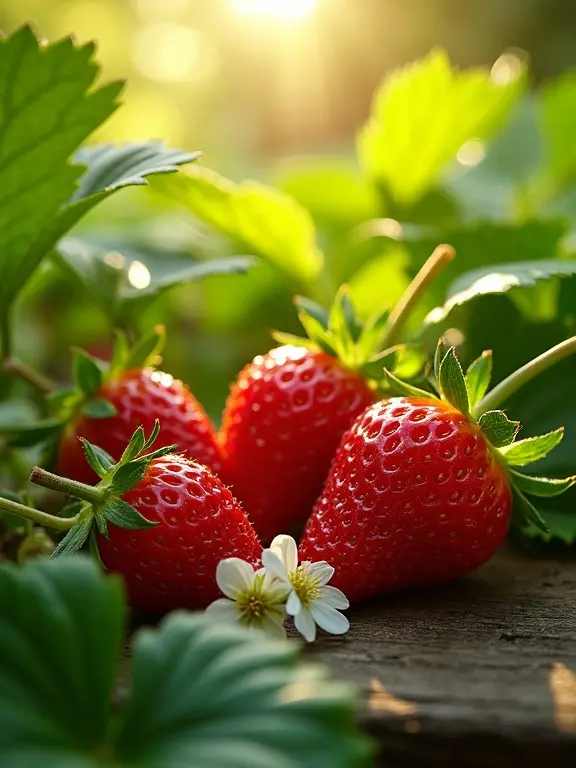 Sun-dappled scene with soft light filtering through a canopy of lush green leaves. Vibrant strawberries illuminated to highlight plumpness and intricate textures. Small clusters of delicate white flowers nearby add freshness. The play of light creates depth and highlights reflections on strawberry seeds. A tranquil, sun-kissed morning portrayal.