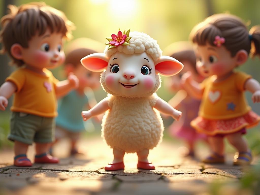 A baby lamb wears a flower crown and stands between dancing children wearing rubber boots. The scene captures joy and playfulness in a lush environment.