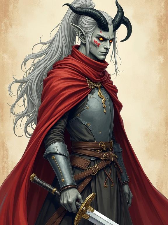 A tall male tiefling paladin has ash-gray skin. Glowing amber eyes and long silver hair tied back in a high ponytail. Features black curved horns and scars on sharp cheekbones. He's in matte plate armor with infernal etchings. A flowing crimson cloak drapes over him. In a duelist stance, he holds a longsword. The style uses colored pencil and markers with hand-drawn textures. Visible pencil lines create a matte shading effect with 2.5D stylized depth. Soft cel shading and dry brush details enrich the parchment background. Non-photorealistic illustration with storybook rendering.