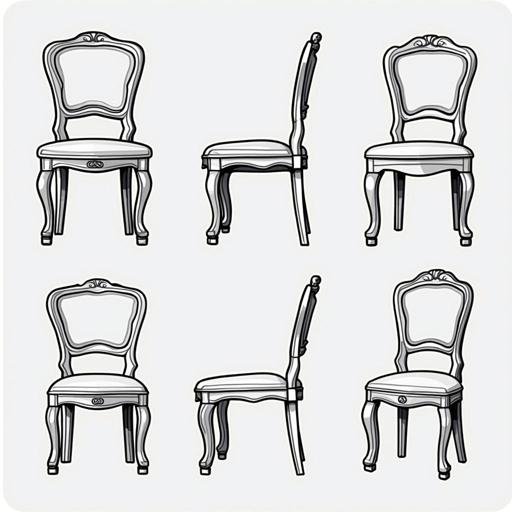 Chair depicted in multiple views. Design consists of simple outlines. Suitable for CAD applications, especially in dwg format. Focus on various angles of the chair.