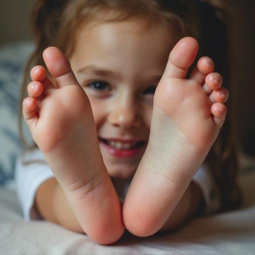 Close-up of bare foot with child's toes seen clearly. Happy and playful atmosphere captured using soft natural light. The focus is on the foot's details with an emotional connection observed in the pose.