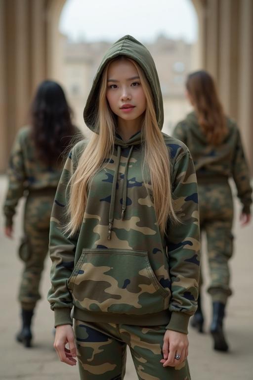 Young woman in hooded camouflage outfit stands confidently. Attractive women in background dancing. Military fort setting
