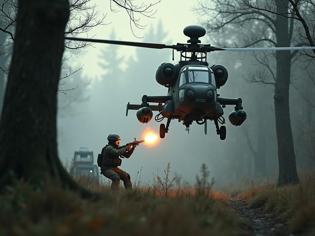 In a misty forest setting, a helicopter hovers dramatically just above the ground, with a soldier poised in the foreground firing a weapon. The scene is enveloped in a tense atmosphere, highlighted by the contrast between the dark, foggy background and the bright flash of the gun. The composition captures a moment of intense action, evoking themes of warfare and survival.