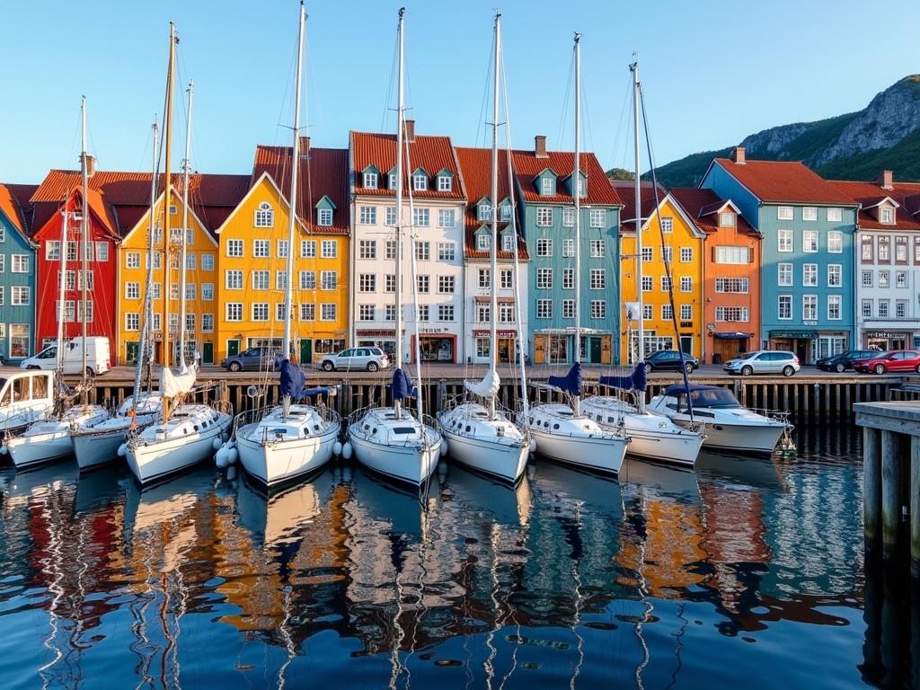 The scene captures the beautiful waterfront of Bergen, Norway. Sailboats are neatly lined along the docks, creating a picturesque marina. Behind the boats, vibrant, colorful houses stand tall, showcasing traditional Norwegian architecture. This area of Bergen is recognized as a UNESCO architectural heritage site, reflecting its historical significance. The lively atmosphere is enhanced by the shimmering waters reflecting the bright colors of the houses.