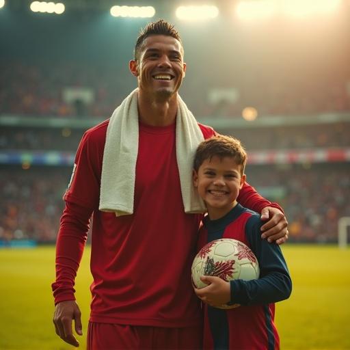 Cristiano Ronaldo smiles with a young fan on a football field. Both share joy. Ronaldo wears his match uniform with a towel. The fan holds a football. They stand under stadium lights with a cheering crowd behind. The moment captures a heartfelt connection between an athlete and a fan.