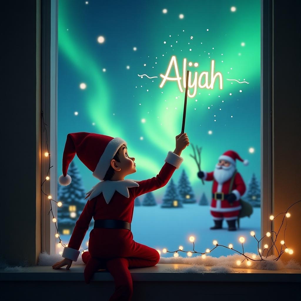 An enchanting scene featuring an elf on the shelf. The elf has its back to the viewer and is gazing out of a window, writing the name 'Alijah' in the night sky with a magical wand. The background is filled with a stunning display of Northern lights and a snowy landscape. Santa Claus can be seen in the distance, adding to the festive atmosphere. The window frame is adorned with fairy lights, creating a cozy ambiance. This artwork captures the joy of Christmas and the spirit of childhood wonder.