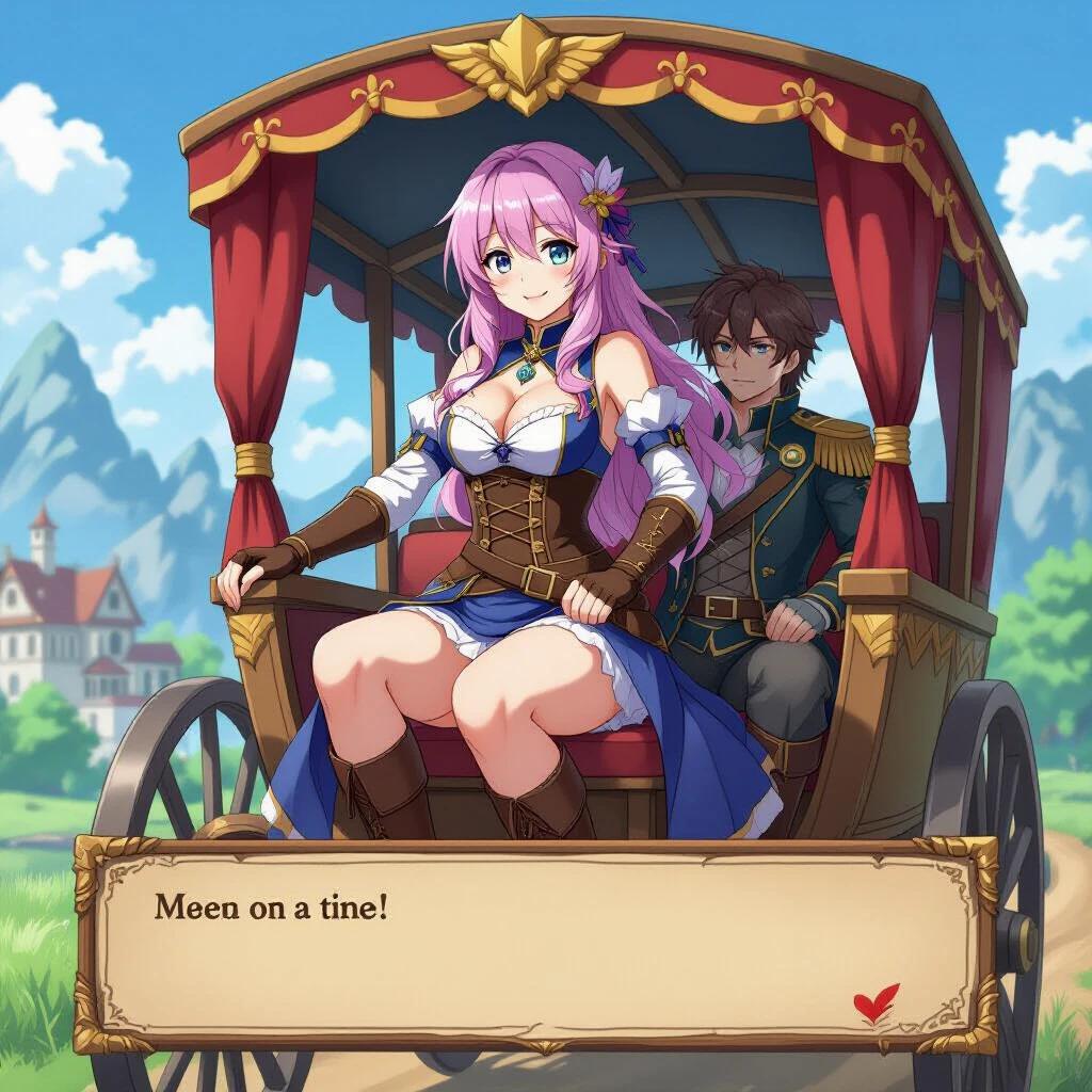 Character in battle uniform sitting on another character's lap inside a carriage. Background shows a vibrant landscape. One character appears relaxed while the other looks slightly awkward. Scene has a lighthearted tone.
