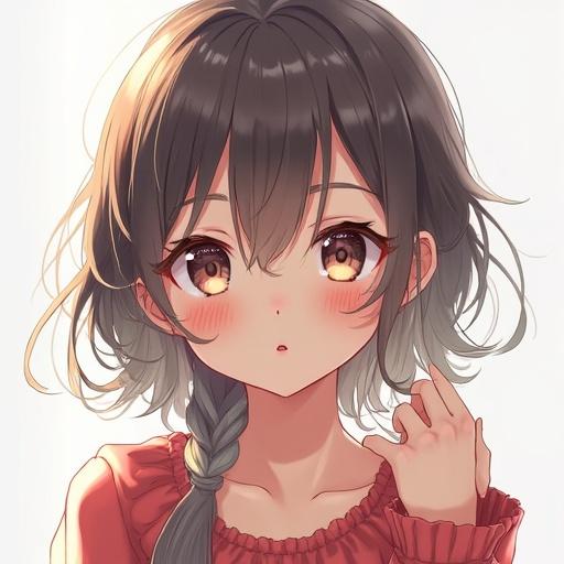 Anime character with short hair and a braid. Cute expression with wide eyes. Wearing a cozy sweater. Soft background with warm light.