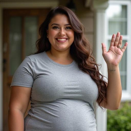 A woman stands on a porch smiling and waving. She has beautiful long brown hair styled in loose curls. She wears a grey gym outfit that suggests fitness dedication. A joyful smile reflects excitement and self-assurance. The background shows a welcoming home atmosphere.