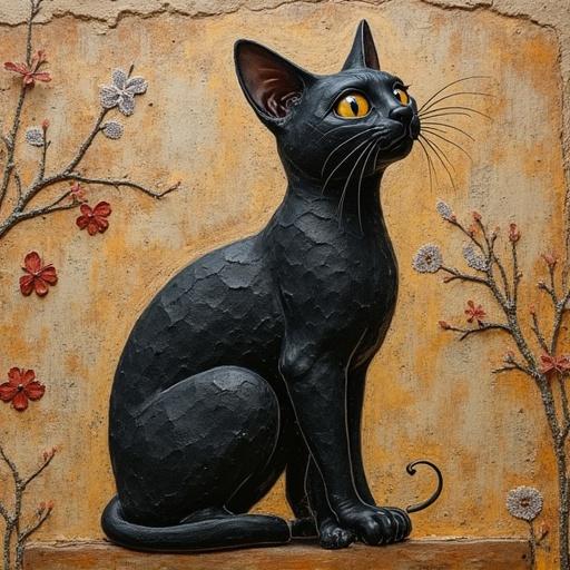 Illustration of a black cat in ancient fossil art style with detailed textures. The cat has large yellow eyes and is sitting gracefully. Surrounding elements include stylized flowers adding to the artistic feel.