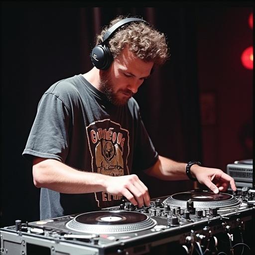DJ performing on turntables at a music event. The DJ is wearing headphones while manipulating two turntables. The scene shows vibrant stage lights highlighting the DJ's actions. Audience might be in the background enjoying the performance.