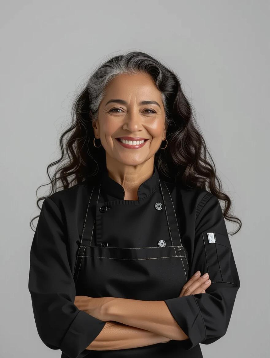 Portrait of a Brazilian pastry chef wearing a black chef uniform. Age is 70 years. She has dark skin and long curly hair pulled back. The background is white. She stands in a confident pose with arms crossed. Friendly professional expression. Studio lighting and clean composition.