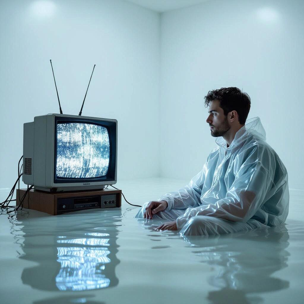 Studio photo of a man sitting in a white room flooded ankle-deep in milky water. Man stares at a 90s CRT TV with static. He wears a translucent raincoat. Wires snake from the TV into his arms like IV drips. Harsh overhead lighting creates crisp shadows and uncanny atmosphere.