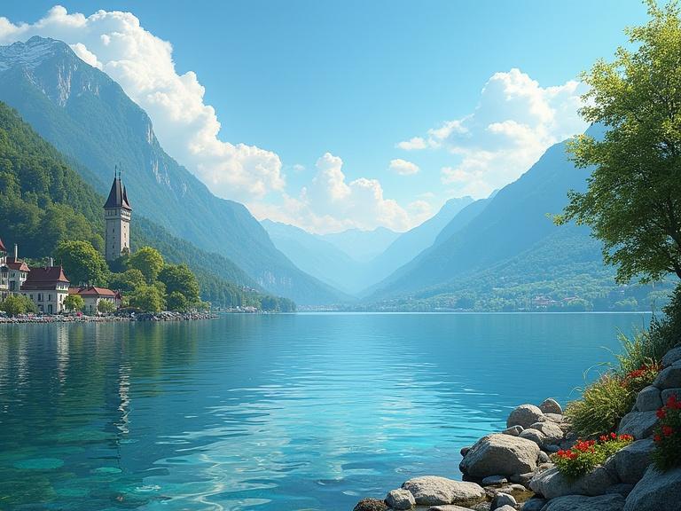 Artwork depicting Lake Geneva as seen from Chexbres. Mountains surround the lake. Bright blue sky and tranquil waters. A historical building is on the shore.
