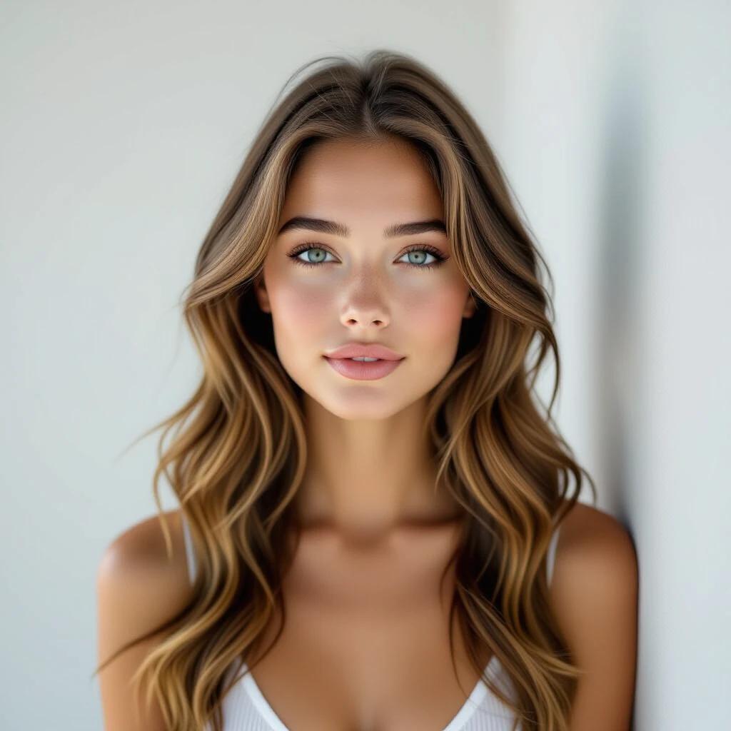 A woman stands naked against white walls. She has long wavy light brown hair. Natural light enhances her features. The warm skin tone is highlighted. She has a sincere expression and looks at the camera. Vertical format. Cinematic style.