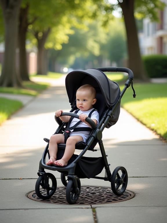 Baby in a stroller on sidewalk. Front panel is open exposing legs and feet. No safety belts or restraints observed. Stroller is near an open manhole cover. Calm baby unaware of danger. Background features suburban street with trees and houses.