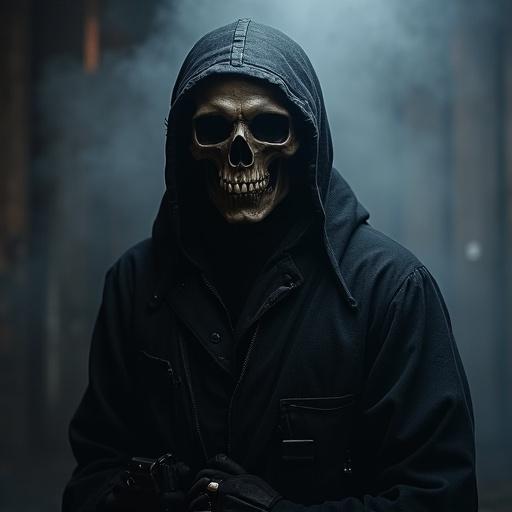 A figure resembling a skull in a hooded costume stands in front of an F-16 fighter jet in a dark setting. The atmosphere gives a sense of mystery and eeriness.