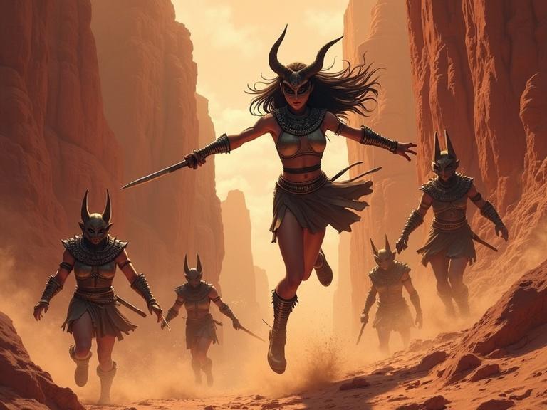 Scene depicts clash at the canyon. Set in a narrow canyon with wind-carved pillars. A heroine adorned in segmented leather armor battles Seth’s jackal-headed warriors. She leaps mid-action to slash at an enemy while kicking up sand. The atmosphere is charged with urgency and ferocity. Stylized in dynamic Egyptian reliefs with anime motion effects.