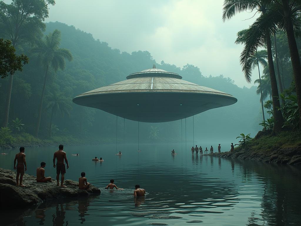 Crashed UFO in jungle lake. Tribal people around lake bed watching and swimming towards massive UFO. On top of UFO, alien being coming out of hatch. Eerie and dramatic atmosphere.