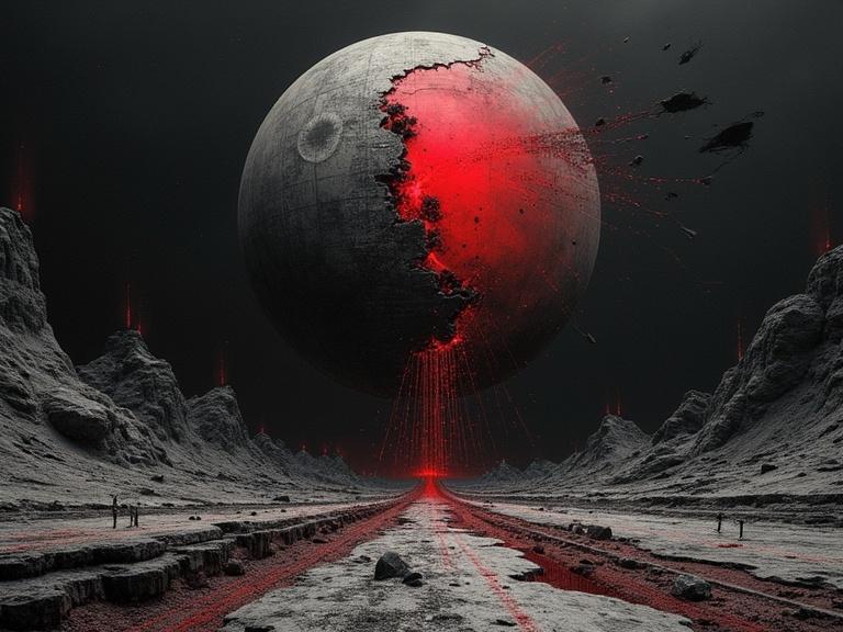 Abstract visual representation inspired by The Dead Flag Blues. A fractured dreamlike terrain in a black void. Pulses of red and grey. Monolithic shapes drift apart. Cracked orb spinning leaks black ink. Figures marching and vanishing. Static lines like rivers. Abstract flag of torn text and rust. Concentric circles as shockwaves. Symbols of decay emerge. No horizon present. Continuous sinking sensation. Occasional bursts of cold light interrogating the scene. An atmosphere suggestive of a looped autopsy.