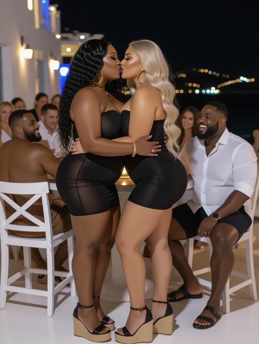 Two curvy women embrace at Mykonos nightclub. One has long black curly hair and very dark skin. The other has long blonde wavy hair and very light skin. Both wear black strapless dresses. They kiss. The nightclub is busy with people. Men at the table nearby look astonished.