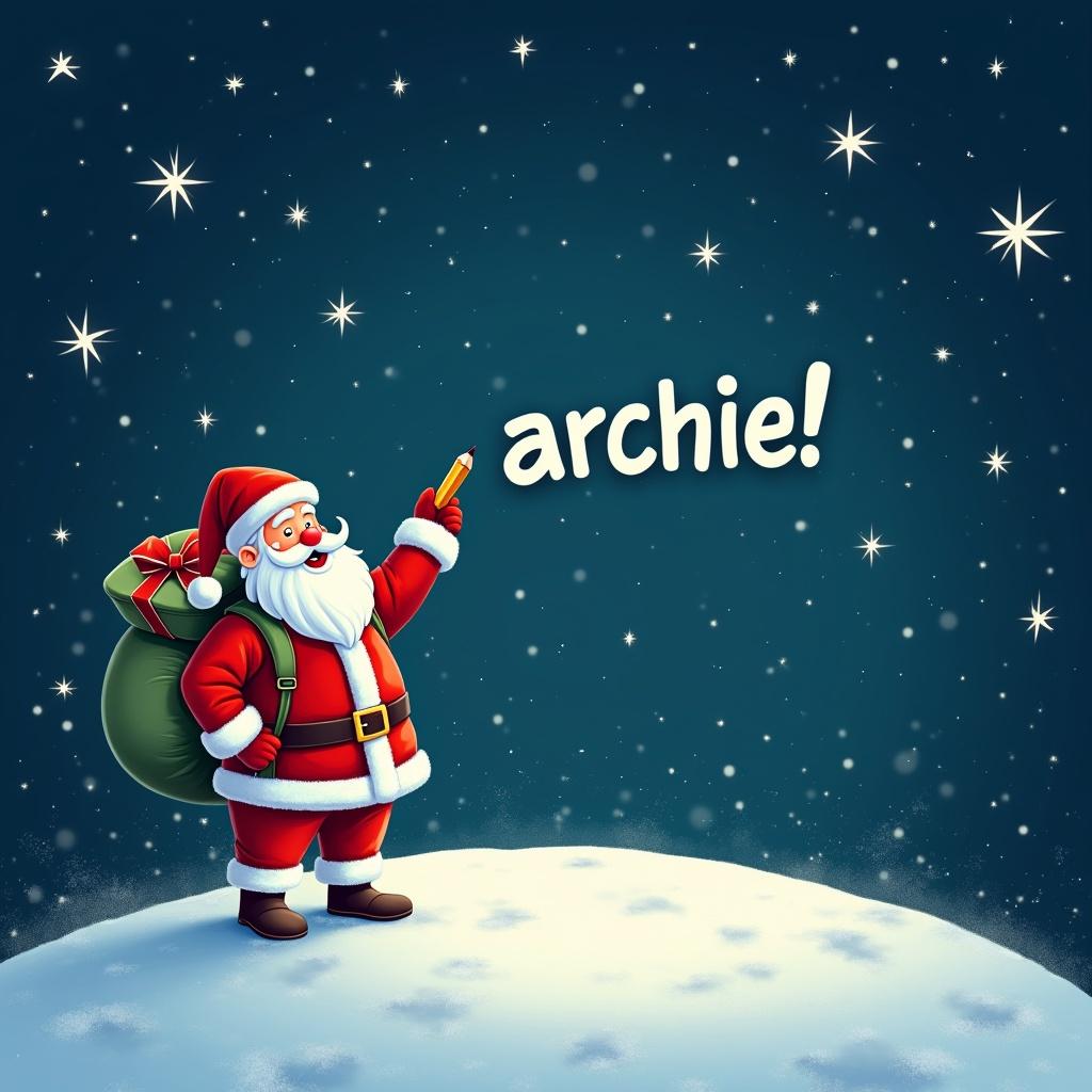 Santa Claus stands on a snowy hill under a starry night sky. He writes Archie in the sky with a pencil. Santa wears a red and white suit with a sack of gifts. The night is bright and filled with twinkling stars.