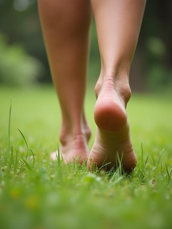 Person walks barefoot on lush grass in a peaceful outdoor setting.