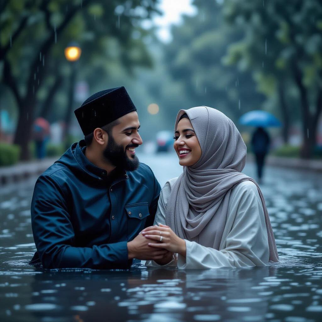 Muslim couple enjoying the rain while holding hands. Emphasis on romance and cultural attire. Surrounded by a rain-soaked environment with a serene atmosphere.
