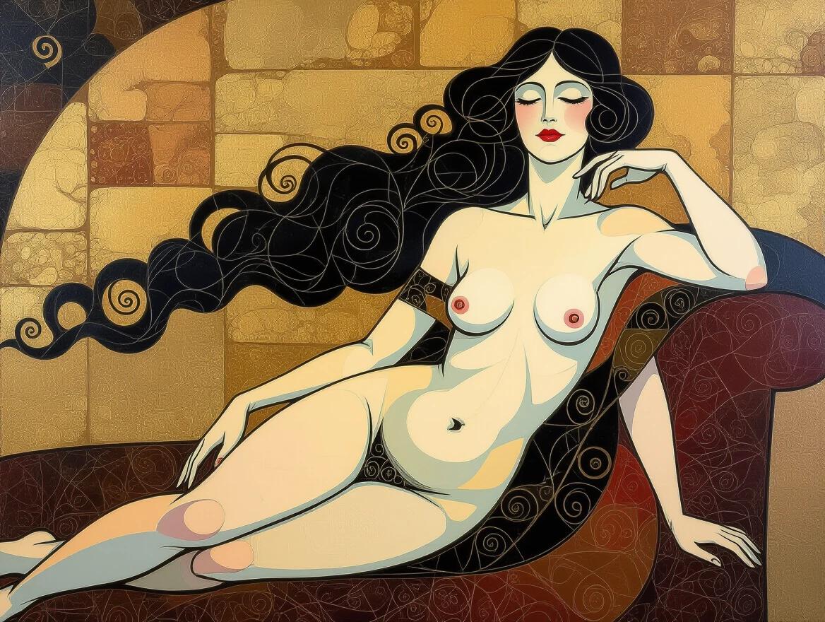 A stylized representation of a reclining nude female figure. Features flowing hair and elegant pose. The background contains a textured pattern in warm colors and geometric shapes. Focus on the artistic depiction.