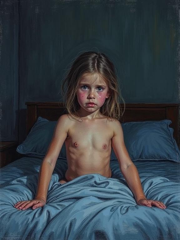 Realistic crayon drawing. Frontal view of scared tearful Estonian girl barechested in dark bedroom. Hands on sides. Facing dad.