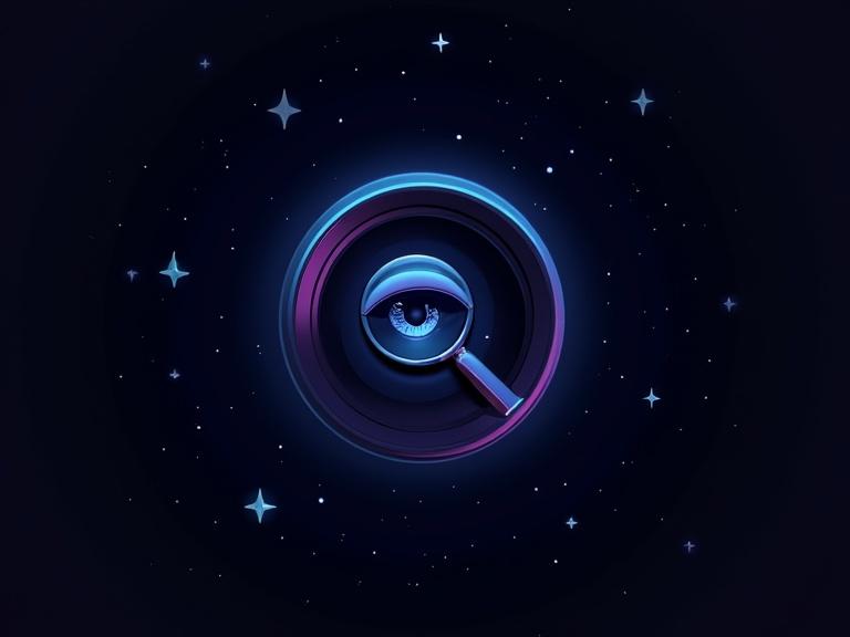 Minimalist circular logo for TikTok profile. Stylized eye or magnifying glass. Dark starry background. Modern and clean design. Bold lines and high contrast. Deep blues and purples create mystery.