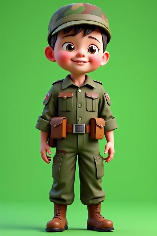 3D render of a young boy in camouflage military uniform, smiling and standing confidently against a plain green background, realistic style, well-lit, cute and heroic appearance