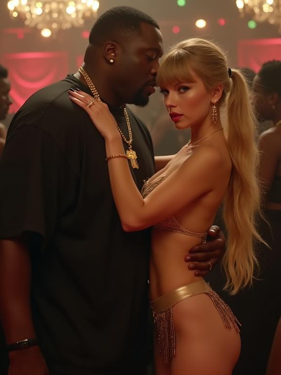 Scene depicting a stylish couple in a vibrant nightclub setting. Woman with long blonde twintails and striking blue eyes. She wears a gold fringe bikini and high heels. The man is a large rapper with an engaging presence. They share an intimate dance while surrounded by a lively crowd. Background features surprised expressions and a bustling nightlife ambience.