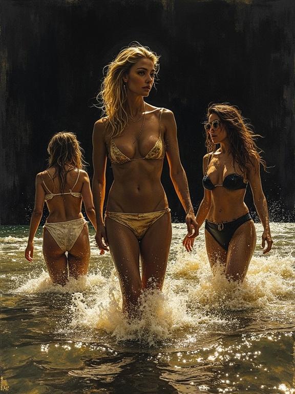 Image features figures wading into water rendered in burnished gold effect. Watercolor style uses ink on dark canvas. Women in swimwear stand in sea.