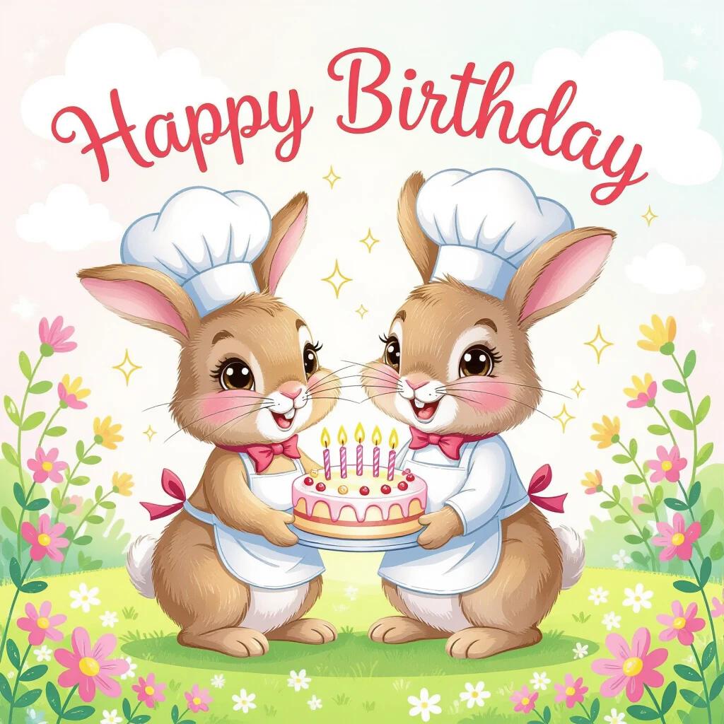 Illustration for a birthday card. Two rabbits in chef hats are presenting a birthday cake. Background features a colorful garden with flowers and clouds. Text says 'Happy Birthday' in a fun font.