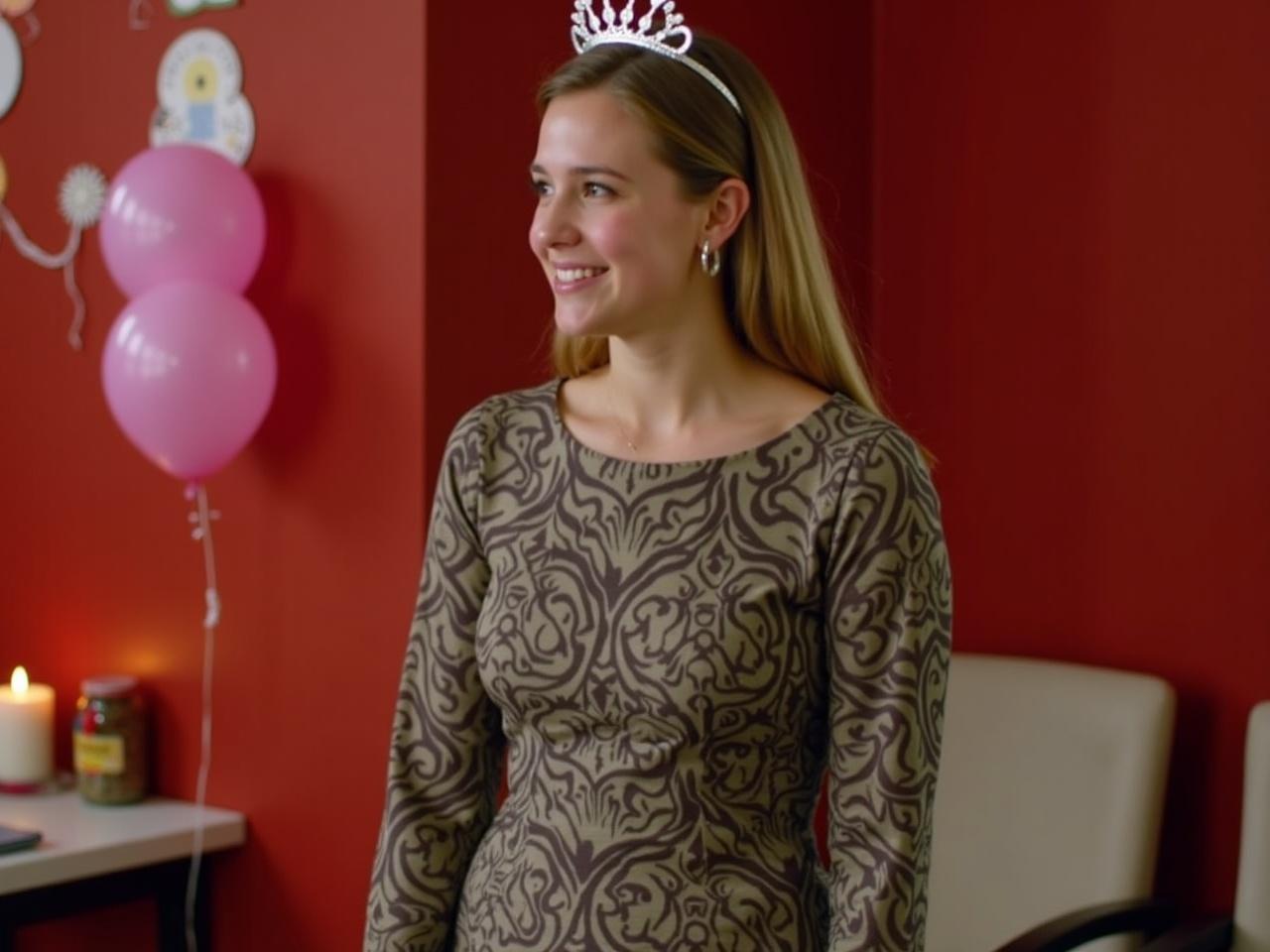 The image features a young woman celebrating a milestone, likely her 18th birthday, as indicated by decorations in the background. She is wearing a stylish long-sleeved dress with a patterned design, coupled with a tiara on her head, which suggests a festive occasion. In the background, there's a pink balloon and a small table setup, possibly for snacks or drinks. There is a candle lit on the table, adding a warm ambiance to the celebration. The walls are painted red, contributing to a lively atmosphere. Overall, the scene captures a joyful and celebratory moment.